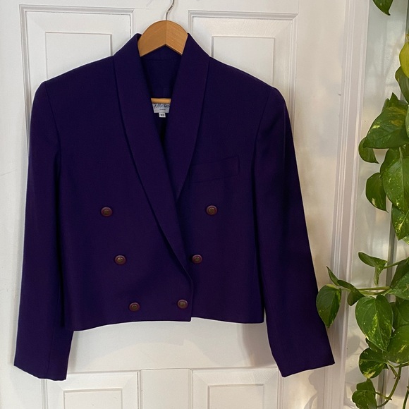 Vintage Wool Purple Double Breasted Blazer Cropped Business Casual Academia - Picture 1 of 14